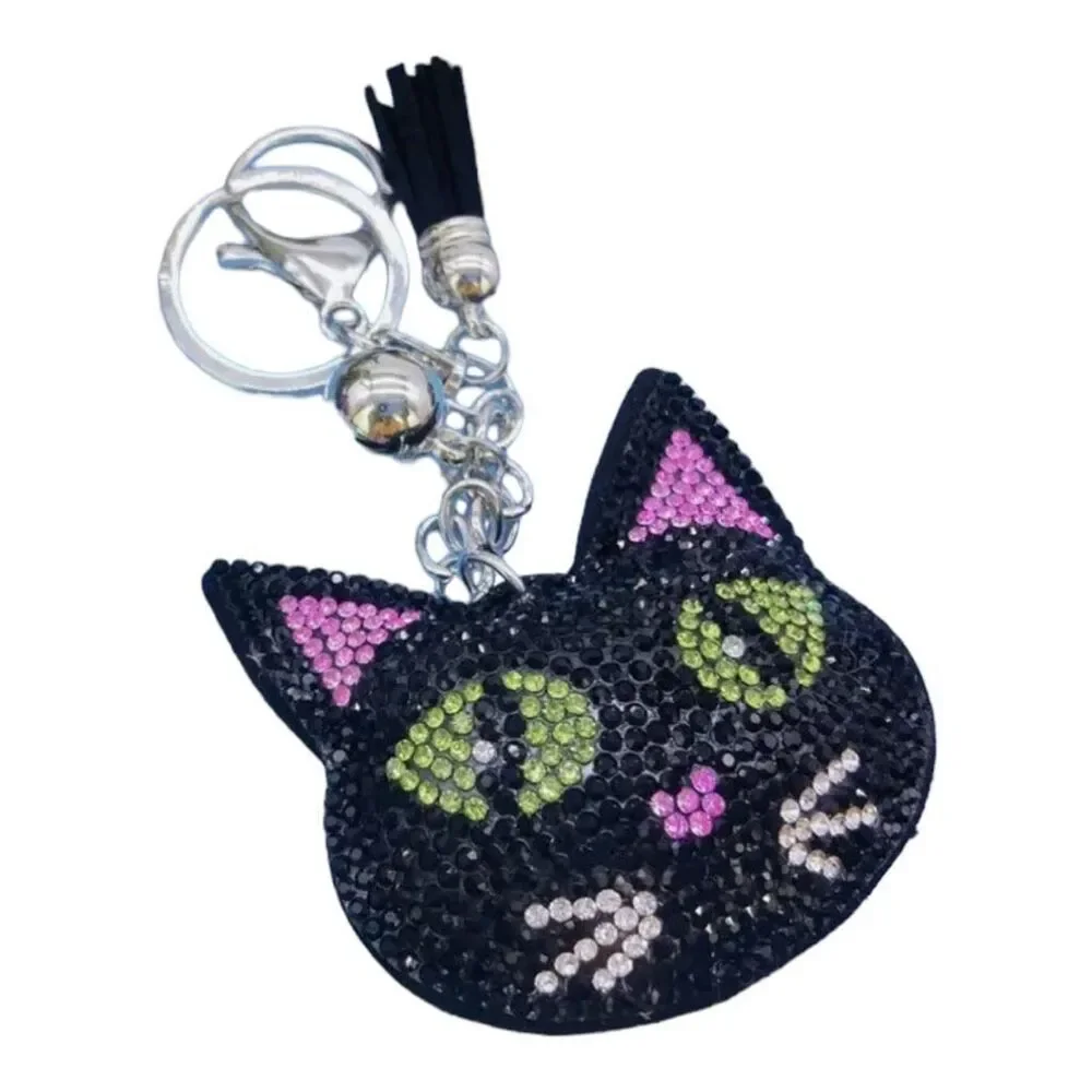 New Womens Boutique Black Cat 3D Tassel Bling Silver Hardware Keychain